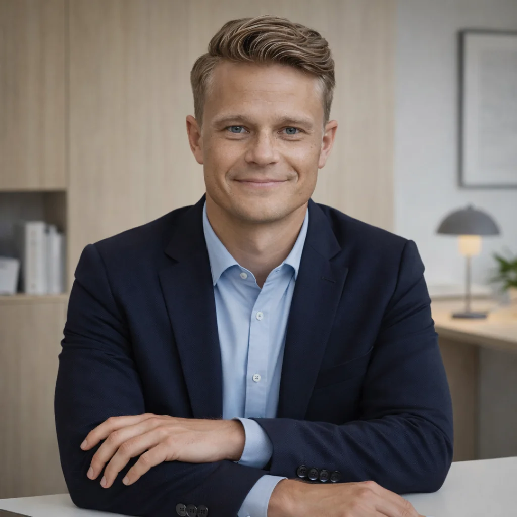 Portrait of Mackenzie Docksteader, a confident and friendly mortgage broker, standing before a lush green hedge in Burlington, Ontario.
