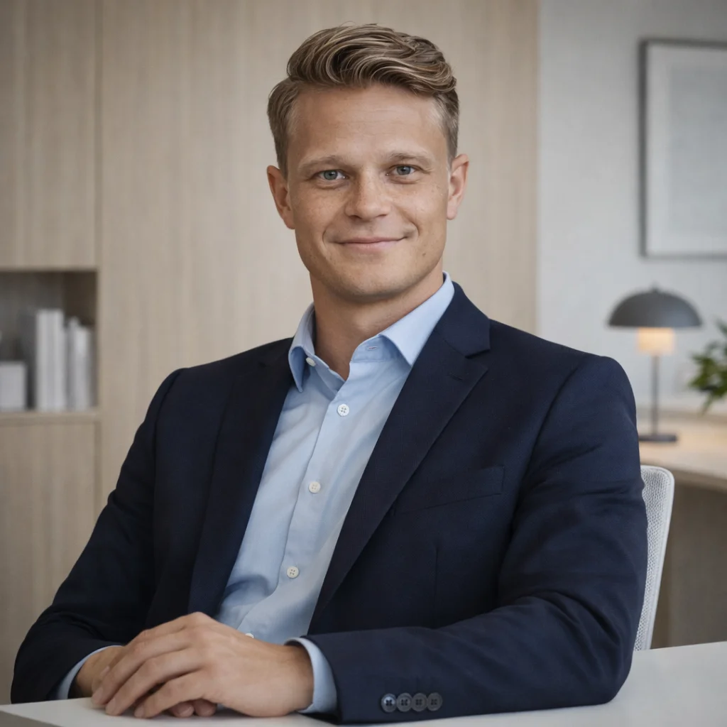 Portrait of Mackenzie Docksteader, a confident and friendly mortgage broker, standing before a lush green hedge in Burlington, Ontario.